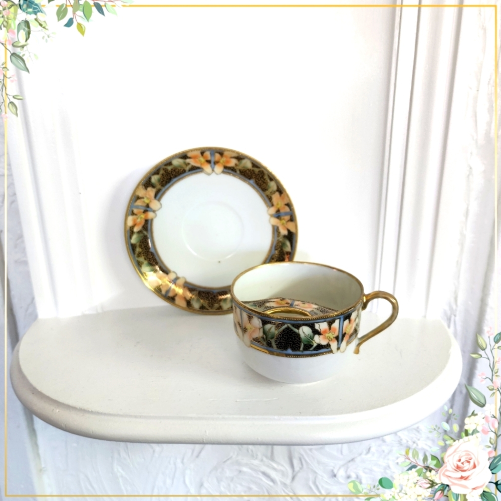 Vintage Hand Painted Porcelain Nippon Tea Cup and Saucer Set